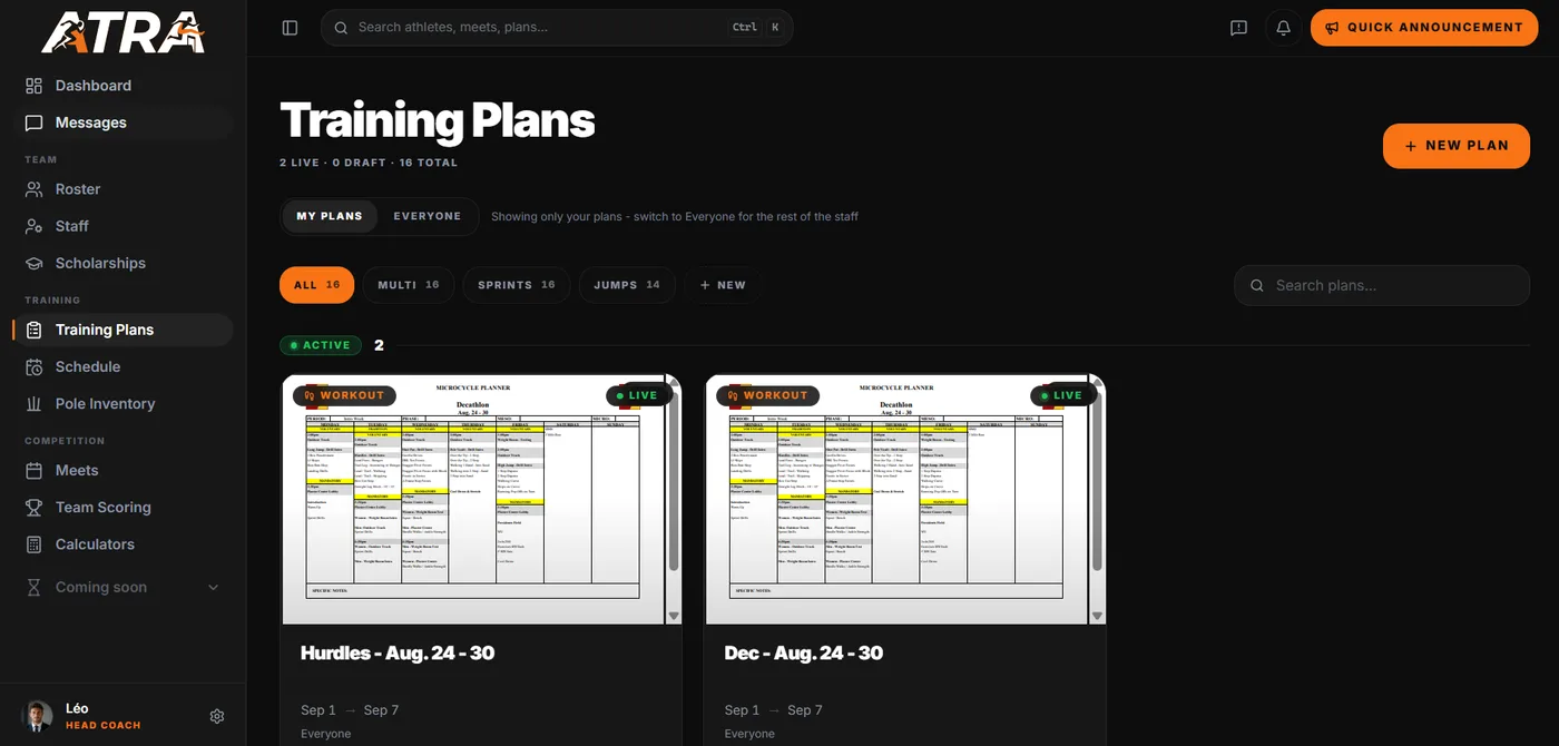 Training plans on the Atra dashboard: sixteen plans, two of them live, filtered by event group, each card showing the microcycle its week was written on.